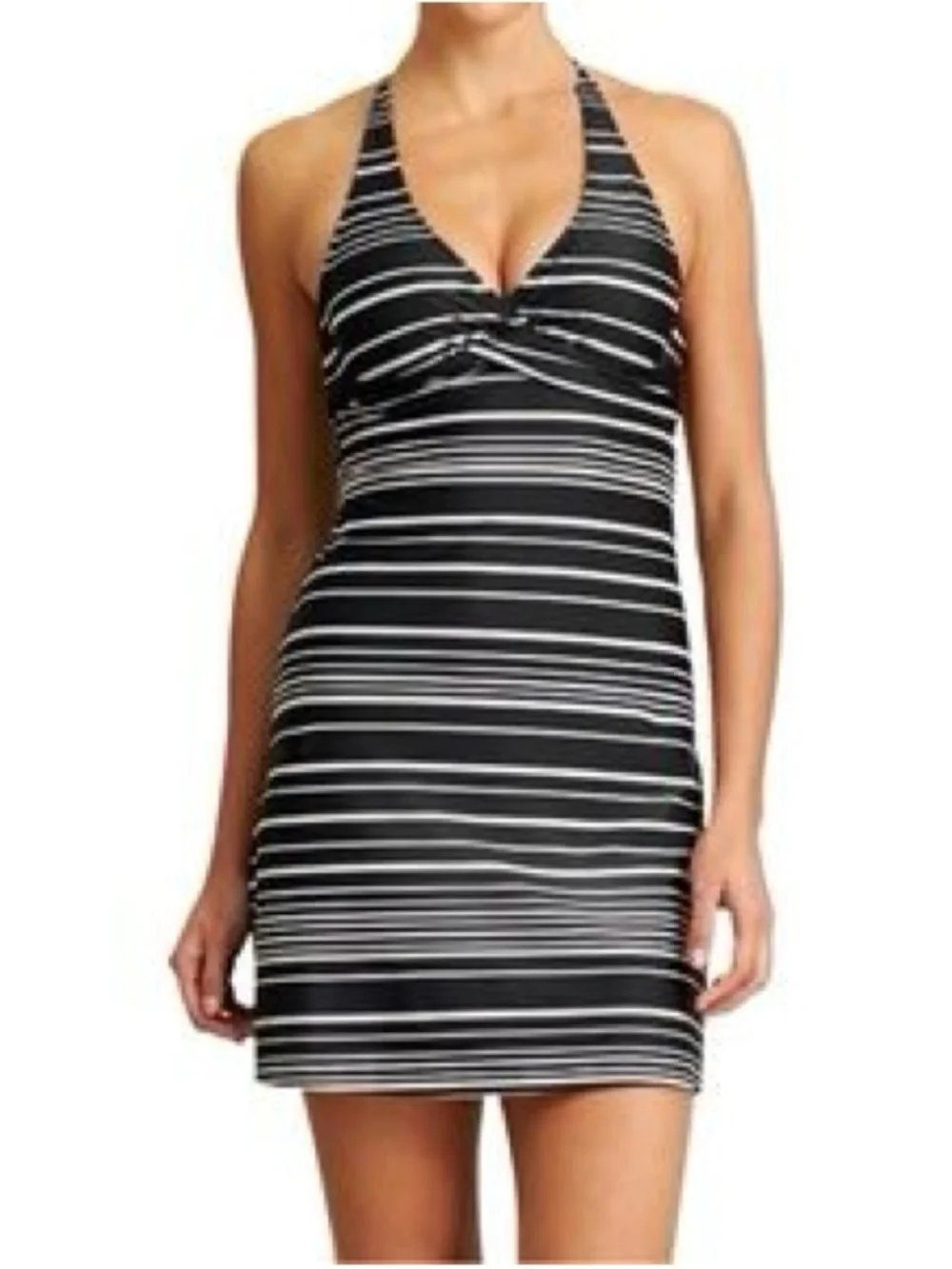 Athleta Encitas Tara Black White Stripes Halter Swim Dress